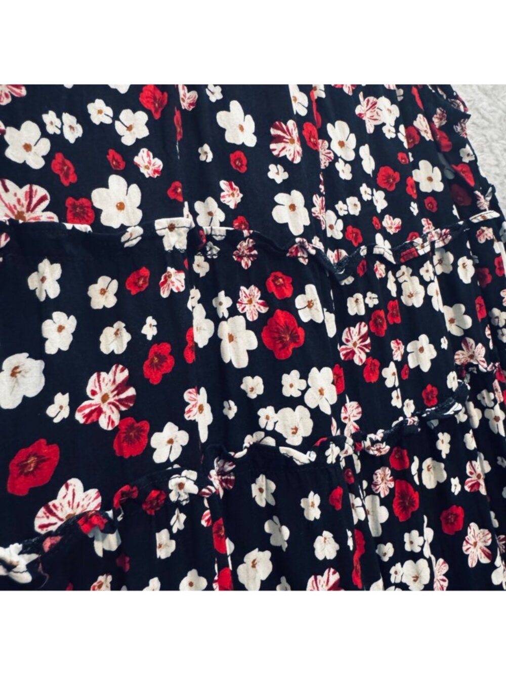 Calvin Klein Black Floral Mini Dress Size 8 Multi-Tiered Sleeveless Ruffle Boho - Picture 4 of 7